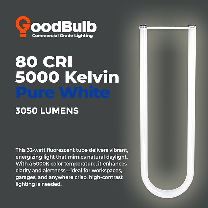 GoodBulb 32W T8 U Bend Fluorescent 6" Tube | 5000K Daylight Medium Bi-Pin Base | 3050 Lumens 85 CRI 24000 Life Hours 32 Watts | Car Dealership Lighting | 10 Pack