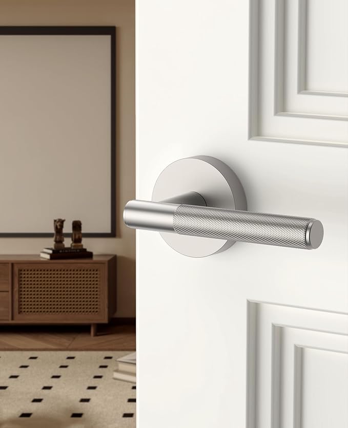 Asidrama 6 Pack Passage Brushed Nickel Door Handles, Door Lever with Door Knobs Indoor for Bedroom or Bathroom, Heavy Duty Door Handles Interior with Locks for Left Right Sided Doors