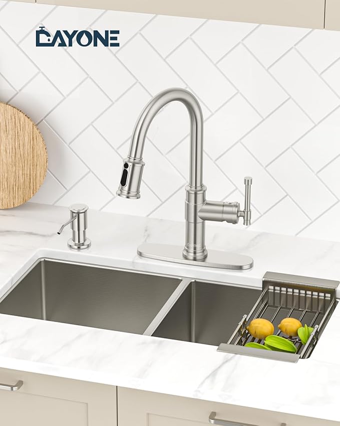 DAYONE Vintage Kitchen Faucet with Soap Dispenser, Single Handle High Arc Antique Pull Out Kitchen Sink Faucets with 3-Mode Pull Down Sprayer, APS136 (Standard, Brushed Nickel)