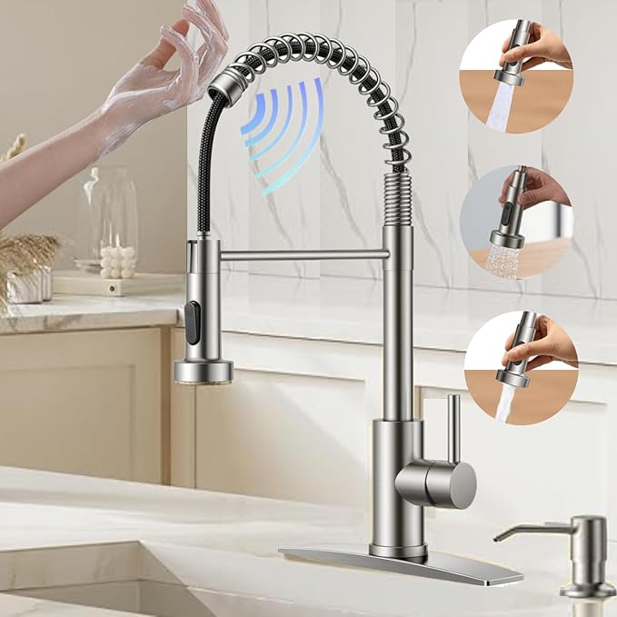 Touch On Kitchen Faucet, 3 Modes Pull Down Sprayer, Ceramic Valve, 360-Degree Rotation. (Touch-On (KW-62), Brushed Nickel)