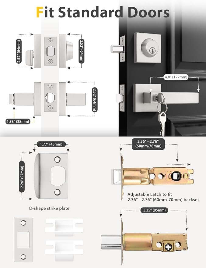 5 Pack Brushed Nickel Keyed Alike Front/Exterior Door Levers with Single Cylinder Deadbolt, Square Entry Door Knob Lock Sets with Deadbolt Combination Sets, for Entrance/Front and Office Doors