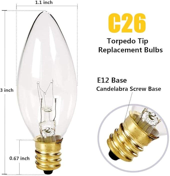 SUNSGNE 25 Pack Candle Light Bulbs, C26 Crystal Clear Torpedo Candelabra Light Bulb for Chandeliers, Window Candle Bulbs, Nightlight Bulb- 7 Watt Light Bulbs- E12 Candelabra Base