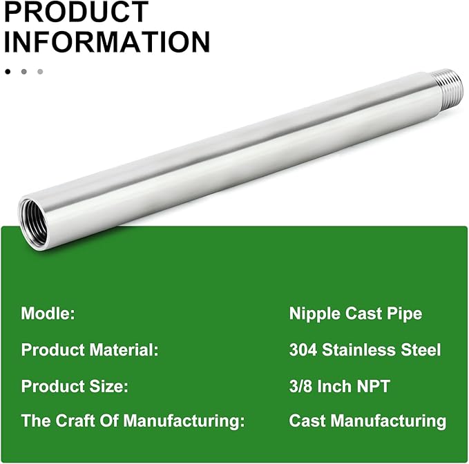 TAISHER 2PCS Stainless Steel Pipe Fittings, 3/8" NPT Male x 3/8" NPT Female Threaded, 10" Length Nipple Cast Pipe