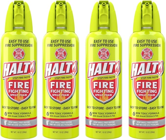 HALT! Fire Fighting Foam Spray – Non-Toxic, PFAS Free, Easy to Use, Store, and Find in Emergency – Compact & Portable – Ideal for Home, Kitchen, Apartment, Car, BBQ, Tailgate – Made in USA (4-Pack)