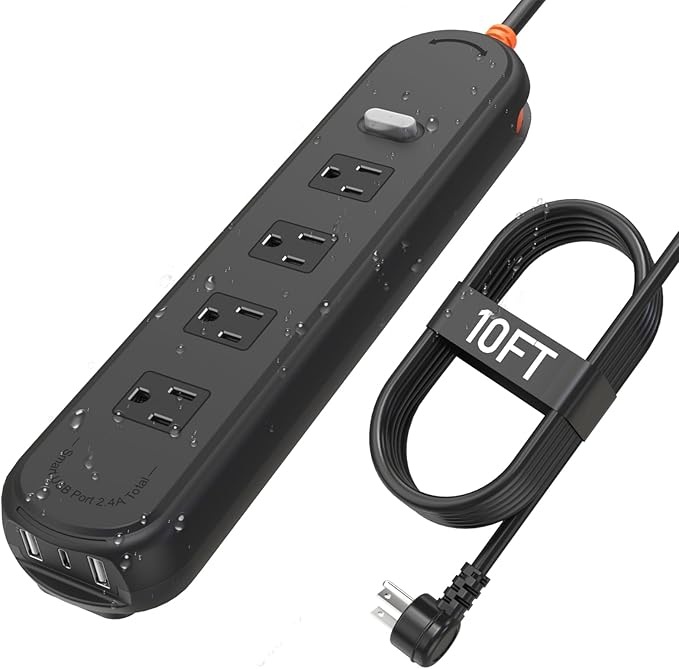 Outdoor Power Strip Weatherproof, KPQ IPX6 Waterproof Surge Protector with 4 Wide Outlets, 2 USB A & 1 USB C, 10FT Heavy Duty Extension Cord for Home, Office, Dorm, Patio, FCC UL Listed