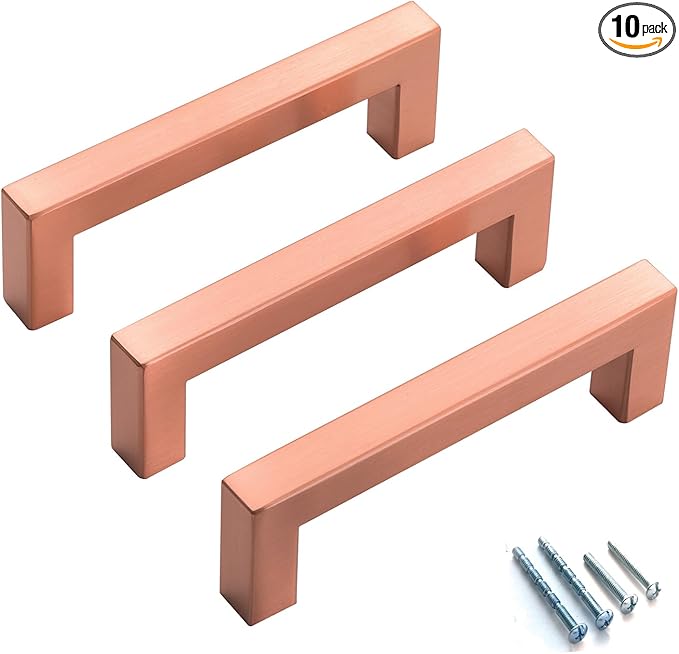 10 Pack Cabinet Pulls 3.75 Inch Hole Center Brushed Copper Square Cabinet Handles Dresser Drawer Pulls Modern Bathroom Cupboard Handles Stainless Steel Kitchen Cabinet Hardware