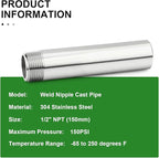 TAISHER 2PCS 304 Stainless Steel Pipe Fittings, 1/2" NPT Male Threaded, 6" Length Weld Nipple Cast Pipe