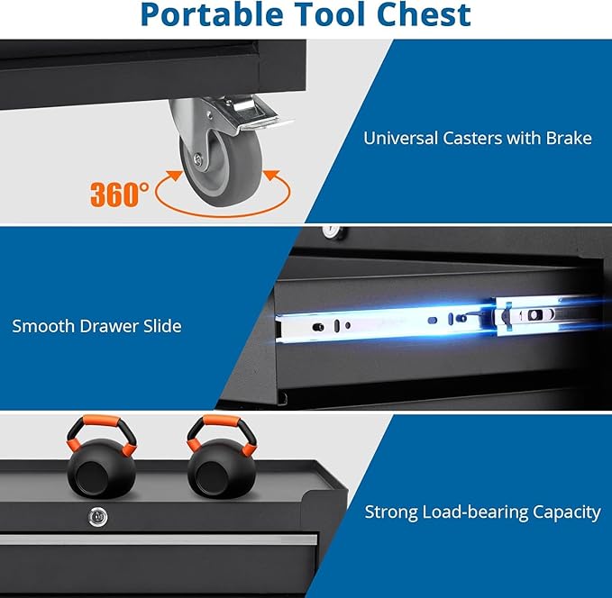 Garvee Rolling Tool Chest, 4 Drawers Tool Storage Cabinet, Toolbox with Wheels, Portable Tool Cabinet Organizer with Locking System & Drawer Liners, Tool Storage Cart for Garage, Workshop, Black