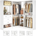 Unikito 86” Closet System, Large Corner Closets Organizer with Hanging Rods and Mirror Design, Freestanding Adjustable Wood Clothes Garment Rack with Drawers, Sturdy Walk in Closet Tower, White