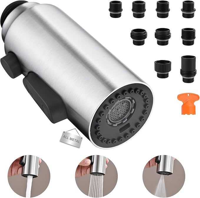 Metal Kitchen Faucet Head Replacement, 3-Function Pull Down Spray Head for Kitchen Faucet, High Pressure Sink Spray Nozzle with 9 Adapters Compatible with Most Faucets, Brushed Nickel