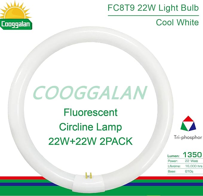 8 inch FC8T9/CW 22W Cool White Circular Fluorescent Light Bulb, Round T9 22 Watt Circline Fluorescent Lamp Bulbs 4100K 1350 Lumens, G10q 4 Pin Base, 2 Pack
