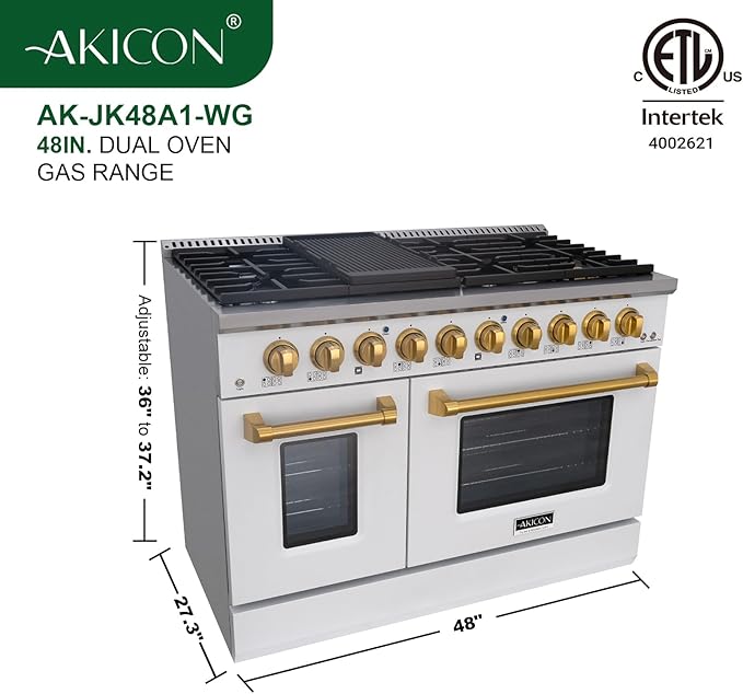 Akicon 48 Inch Freestanding Double Rapid Convection Gas Range - 6.7 cu. ft. Oven - 8 Sealed Burners & Griddle, Heavy Duty Cast Iron Grates (White & Gold)