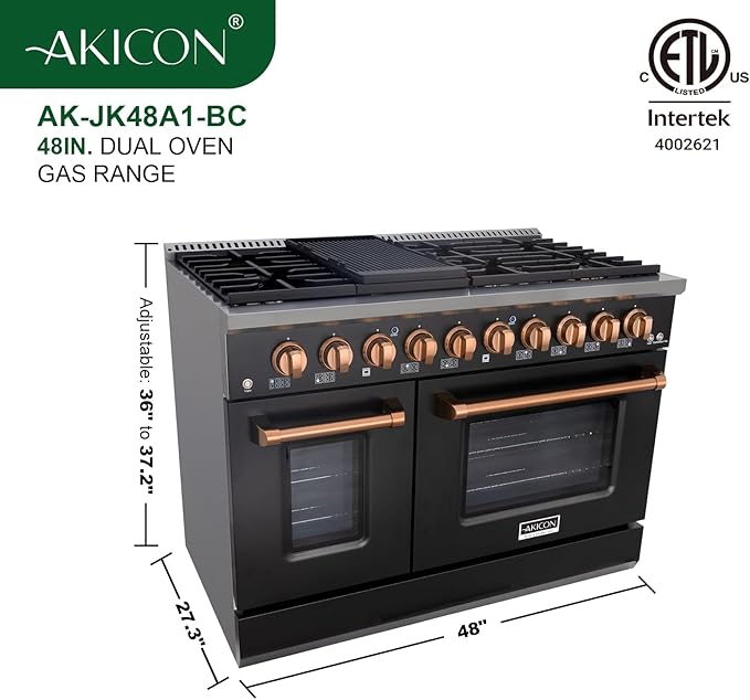 Akicon 48 Inch Freestanding Gas Range - 6.7 cu. ft. Double Rapid Convection Gas Oven - Gas Stove with 8 Sealed Burners & a Griddle, Heavy Duty Cast Iron Grates (Black & Copper)