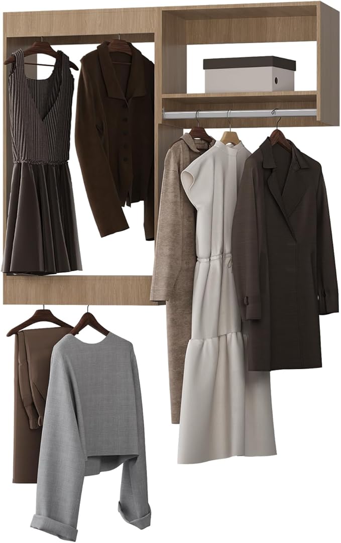 Modular Closet System, 58" Wide Closet Organizer System with Hanging, Wood Tower Closet Storage for Walk In Closets, Wall Mounted Wardrobe Organizer Kit System, Bedroom, Wood