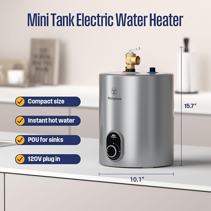 Westinghouse 1.5 Gal Compact Mini-Tank Electric Water Heater - 120V Under Sink Point-of-Use On-Demand Hot Water for Kitchen, Bathroom, Home - CSA Listed
