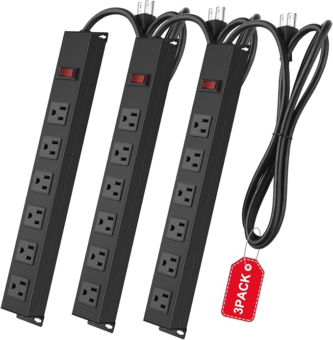 3Pack Metal Wall Mount Power Strip, Mountable Power Outlet with 6 AC Outlets, Aluminum Alloy Mount Power Socket with Switch, 6 FT SJT 3/C 14AWG Power Cord, 15A 125V 1875W (6AC)