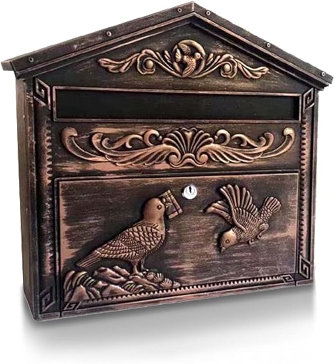 Mailbox Wall Mount,Large Capacity Locking Mailbox for Outside, Rust-Proof Aluminum Hanging Secured Postbox, Security Key Drop Box,15.35 "x 16.14 "x3.54 Retro Bird