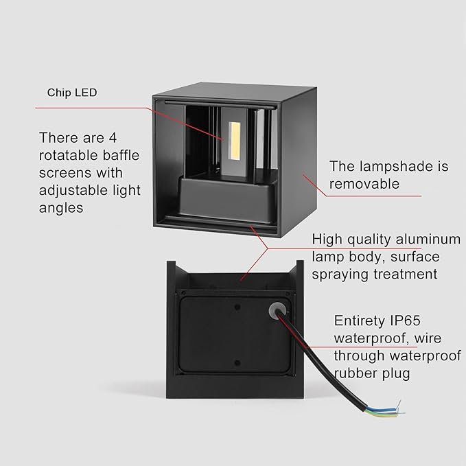 2 Pack LED Outdoor Wall Lights Exterior/Interior, Up and Down Lights IP65 Waterproof Wall Sconces, Square Aluminum Outdoor Wall Lighting Fixtures, Modern Black 12W 6500K Cold Lights