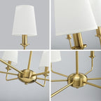 6-Light Brushed Gold Pendant Chandelier with White Linen Shades, E12 Base - Farmhouse & Industrial Style for Kitchen, Living Room, Dining Room, or Bedroom Lighting