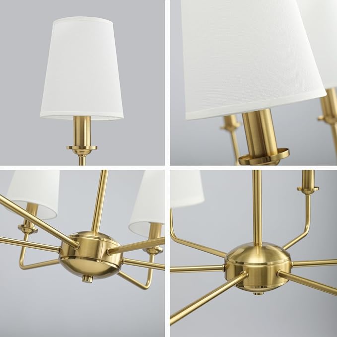 6-Light Brushed Gold Pendant Chandelier with White Linen Shades, E12 Base - Farmhouse & Industrial Style for Kitchen, Living Room, Dining Room, or Bedroom Lighting