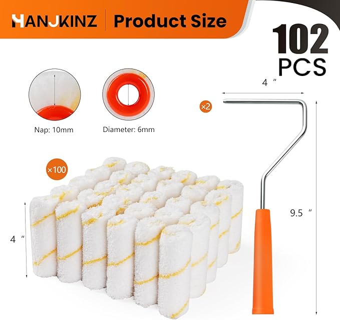 100 Pack Microfiber Paint Roller 4 Inch, Mini Paint Roller Covers,3/8 Inch Nap, Small Paint Rollers for House Painting with Paint Roller Frame, Wall Painting Tool