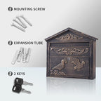 Mailbox Wall Mount,Large Capacity Locking Mailbox for Outside, Rust-Proof Aluminum Hanging Secured Postbox, Security Key Drop Box,15.35 "x 16.14 "x3.54 Retro Bird