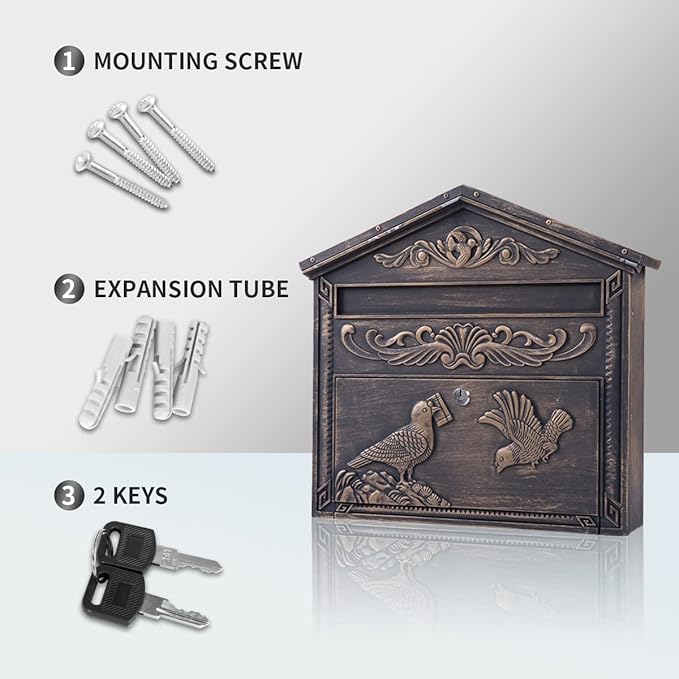 Mailbox Wall Mount,Large Capacity Locking Mailbox for Outside, Rust-Proof Aluminum Hanging Secured Postbox, Security Key Drop Box,15.35 "x 16.14 "x3.54 Retro Bird
