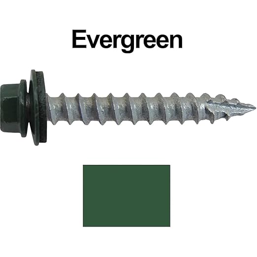 #14 Metal ROOFING SCREWS: (250) Screws x 1-1/2" EVERGREEN Hex Washer Head Sheet Metal Roof Screw. Self starting/self tapping metal to wood. EPDM washer. Colored head. for corrugated roofing