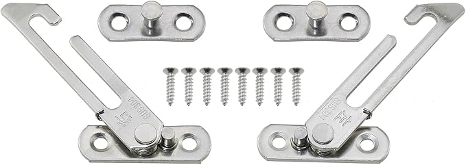 2PCS 10x4.5CM Window Hook Automatic Limiter Silver Stainless Steel Safety Window Opening Restrictor Lock for Window Frame and Sash with Distance of 14 to17MM Inside and Outside Window