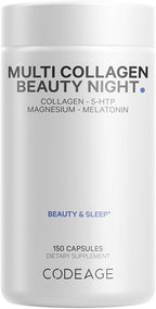 Codeage Multi Collagen Protein Beauty Night - Melatonin, Magnesium Bisglycinate, 5-HTP, L-Theanine, English Lavender Flower, Bone Broth - Vitamins - Supplement - Sleep Pills - Non-GMO - 150 Capsules