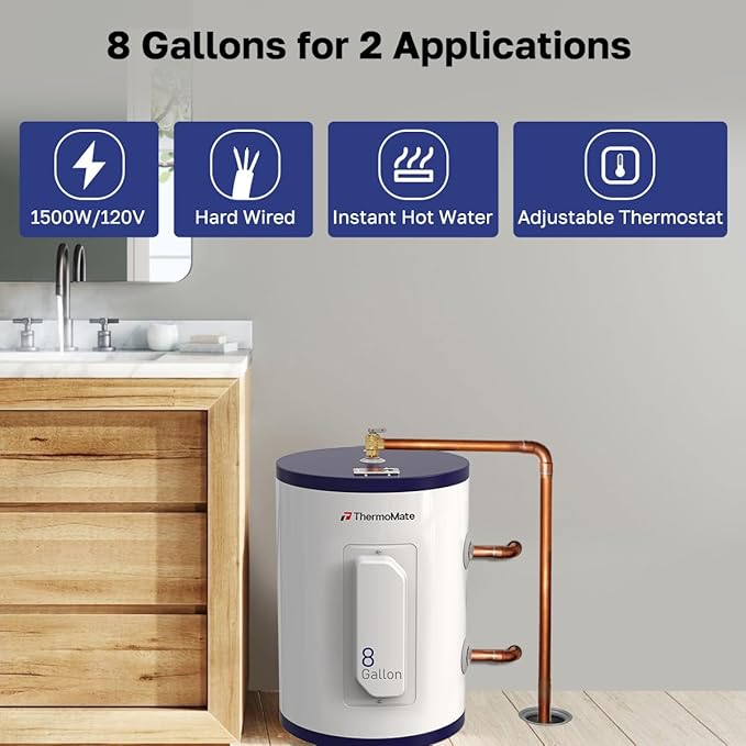 ThermoMate Tank Water Heater Electric, 8 Gallon Small Point of Use Residential Hot Water Heater, 1500W 120Volt Compact, Adjustable Thermostat, UL Listed (ES900)