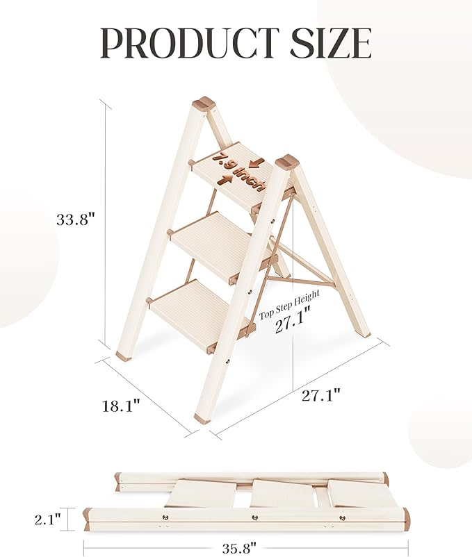 GameGem 3 Step Ladder, Aluminum Folding Step Stool with Anti-Slip Sturdy and Wide Pedal, Lightweight Portable Stepladder for Home and Kitchen Use Space Saving, 330 lbs, Chocolate White