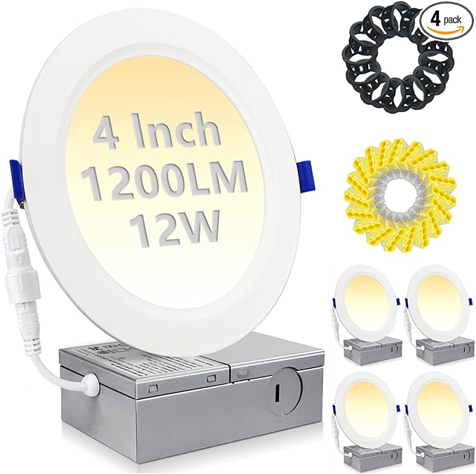 HiBay 4 Pack 4 Inch LED Recessed Ceiling Lights, 1200LM 12W=150W, 5CCT 5000K/4000K/3500K/3000K/2700K Selectable, Dimmable Canless Downlight Fixtures - ETL and Energy Star Certified