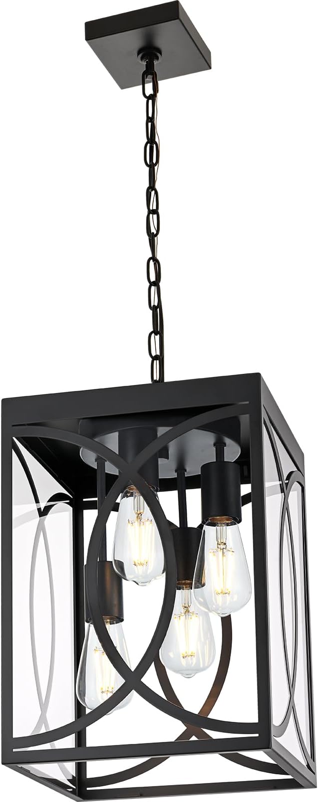 4-Lights Large Outdoor Pendant Lights, Black Hanging Porch Lighting Fixture with Clear Glass, E26 Bulb Base Exterior Lantern Chandelier Ceiling Mount for Front Door Patio Garden