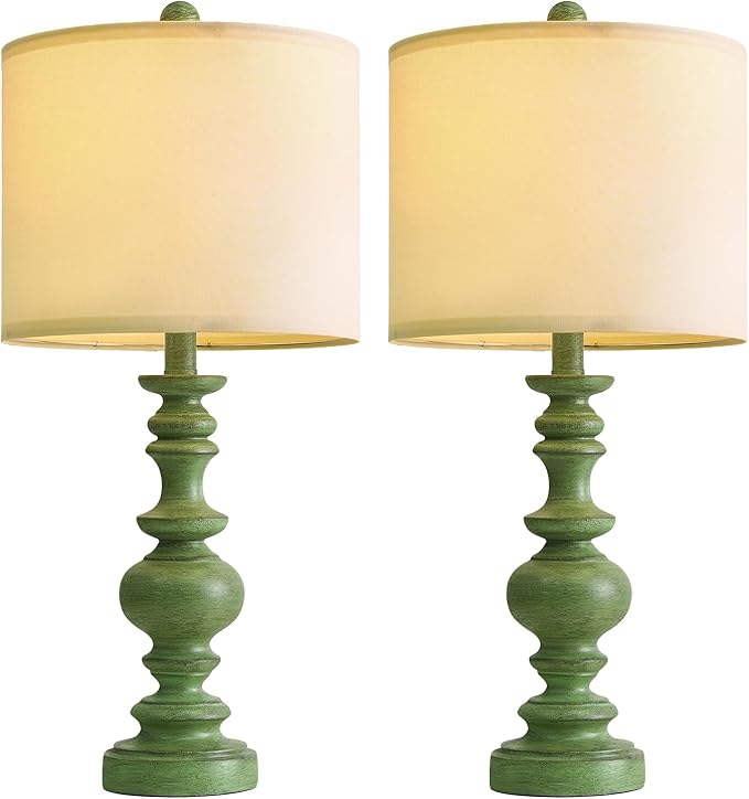 BOBOMOMO 24" Farmhouse Table Lamps Set of 2 – Sage Green Bedside Lamps with Linen Shades, Medium Traditional Lamps for Living Room, Bedroom, and Entryway, Vintage Lamp with Soft Natural Serenity