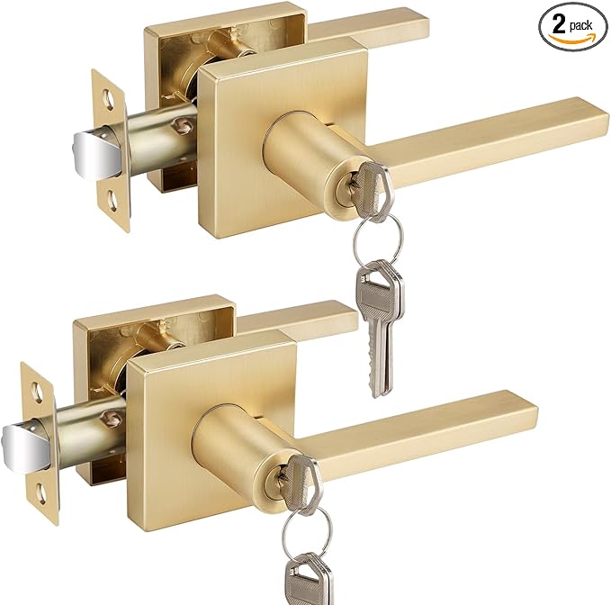 EHOMEWARE 2 Pcs Satin Brass Door Handles, Interior/Exterior Door Knobs with Lock and Key, Gold Entry Door Levers for Bedroom Bathroom or Front Doors, Heavy Duty Modern Door Hardware