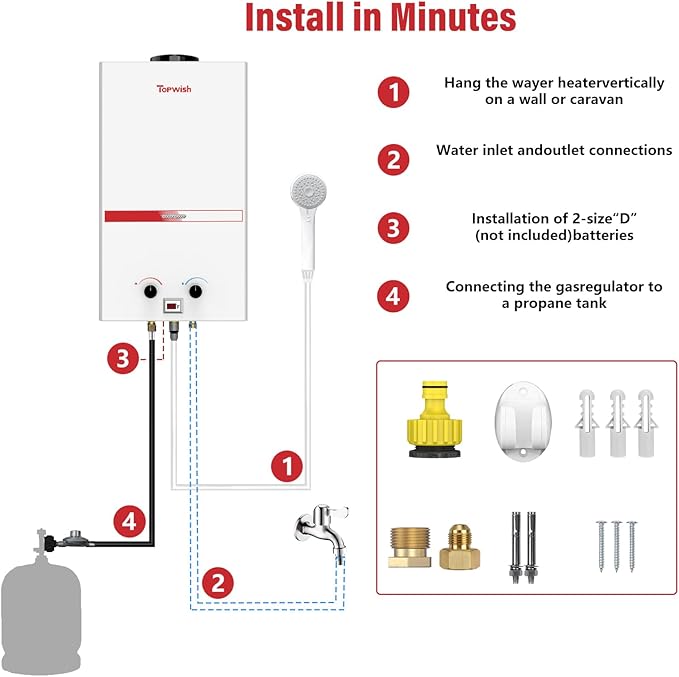 Tankless Water Heater 12L, Portable Propane Camping Water Heater 3.16GPM with Handle Overheating Multi-Protection, Instant Gas Hot Water Warmer for Outdoors RV Trips Shower Boat Cabins,White
