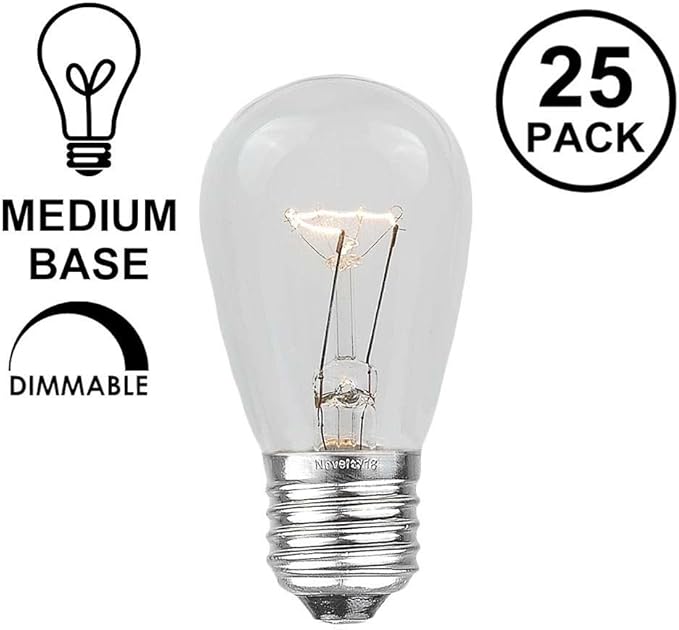 Novelty Lights 25 Pack S14 Outdoor Patio Edison Replacement Bulbs, E27 Medium Base, Ceramic White, 11 Watt
