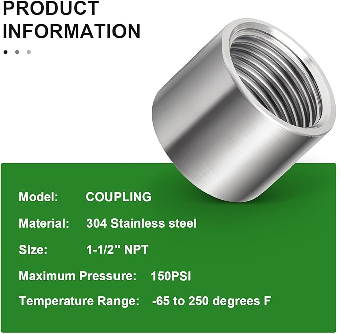 TAISHER 2PCS 304 Stainless Steel Cast Pipe Fitting, Coupling, 1-1/2" x 1-1/2" NPT Female Threaded