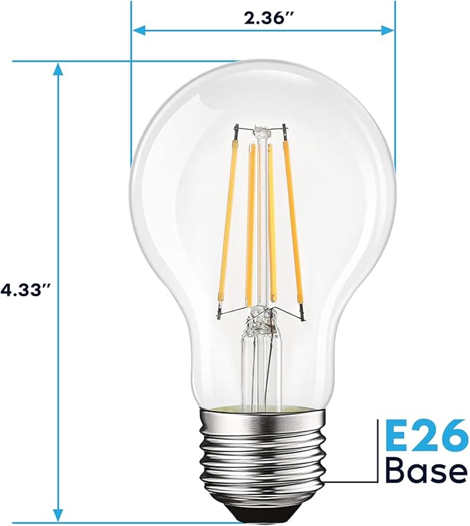 LUXRITE Vintage A19 LED Light Bulbs 60W Equivalent, 3500K Natural White Dimmable, 800 Lumens, Standard LED Edison Bulb 8W, UL Listed, E26 Base (6 Pack)