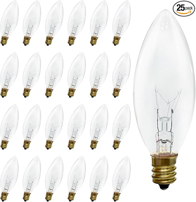25 Pack Clear Torpedo Tip Replacement Bulbs,7 Watts Incandescent E12 Candelabra Base 120V C26 Window Candle Light Bulbs for Chandeliers Night Light Electric Candle Light