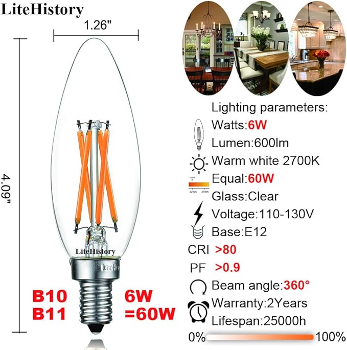 LiteHistory E12 led Bulb Dimmable 6W Equal 60 Watt LED Light Bulbs 2700K AC120V Edison Bulb B10 B11 Candelabra Bulbs for Chandelier and Ceiling Fan Light Bulbs 600LM e12 Bulb 12Pack