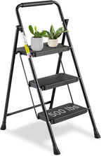 3 Step Ladder, Folding Step Stool 500 Lbs Capacity for Adults & Kids, Heavy Duty Steel Sturdy Step Ladder with Non Slip Wide Pedals, Space Saving Step Stool for Home Kitchen Office Library, Black