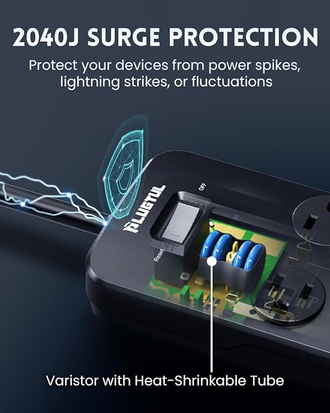 Surge Protector Power Strip 25FT, PLUGTUL Surge Protector with 10 Outlets - Spacious Design for Large Plugs, Flat Plug, 20W USB C Charging for Home, Office, ETL Listed, 2040J