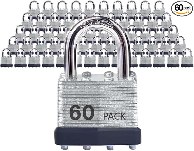 Lock Outdoor Padlocks, Key Lock, Padlocks with Same Key - Laminated Steel Keyed Padlocks with Normal Shackle, 60 Pack, for Hasp Latch, Sheds, Fences, Storage Locker, School, Gym, Silver