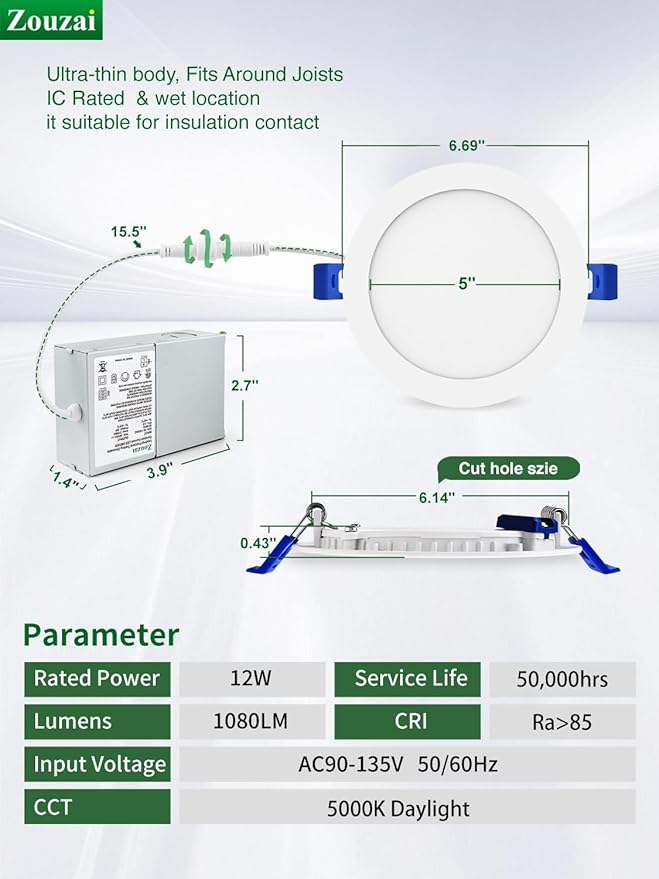 zouzai 24 Pack 6 Inch Ultra-Thin LED Recessed Ceiling Light with Junction Box, 5000K Daylight, 12W 110W Eqv, Dimmable Can-Killer Downlight, 1080LM High Brightness - ETL and Energy Star Certified