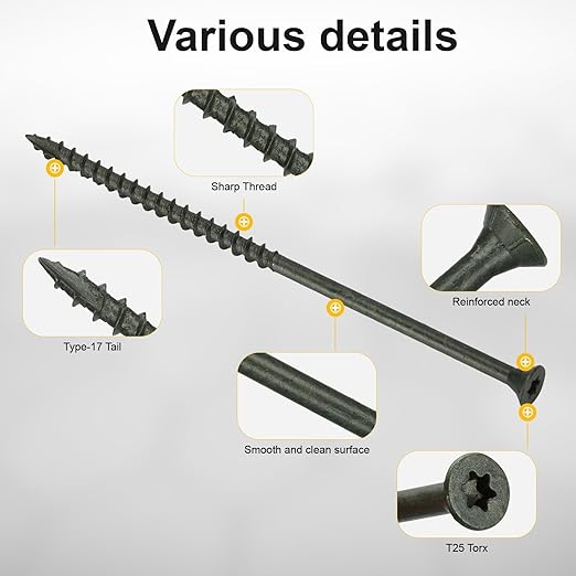 Wood Screws #10 x 5’’, T25 Star Torx Drive Flat Head Deck Screws, Green, 42Pcs (1lb)