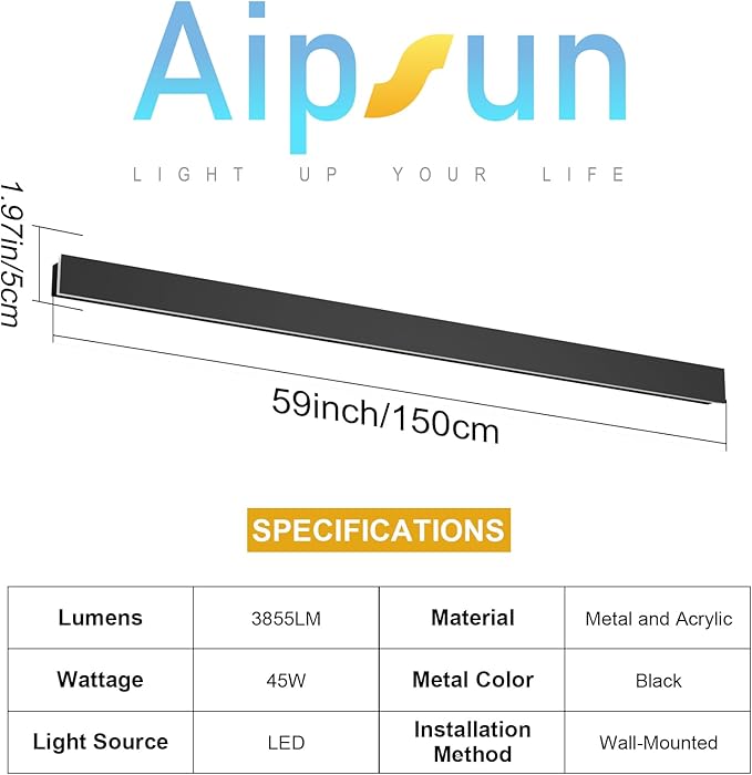 Aipsun Porch Wall Lights 59inch Long Strip Modern LED Outdoor Wall Light Fixture, 1 Pack Black Wall Mount Lighting Sconce Exterior Lights Wall Sconce 3000K for House Living Room Corridor
