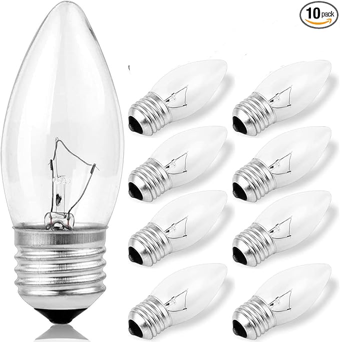 60W Incandescent Torpedo Tip Chandelier, Chandelier Light Bulbs 60 watt, Clear Dimmable, E26 Candelabra Base, Torpedo Transparent Light Bulbs for Chandeliers (10 Pack)