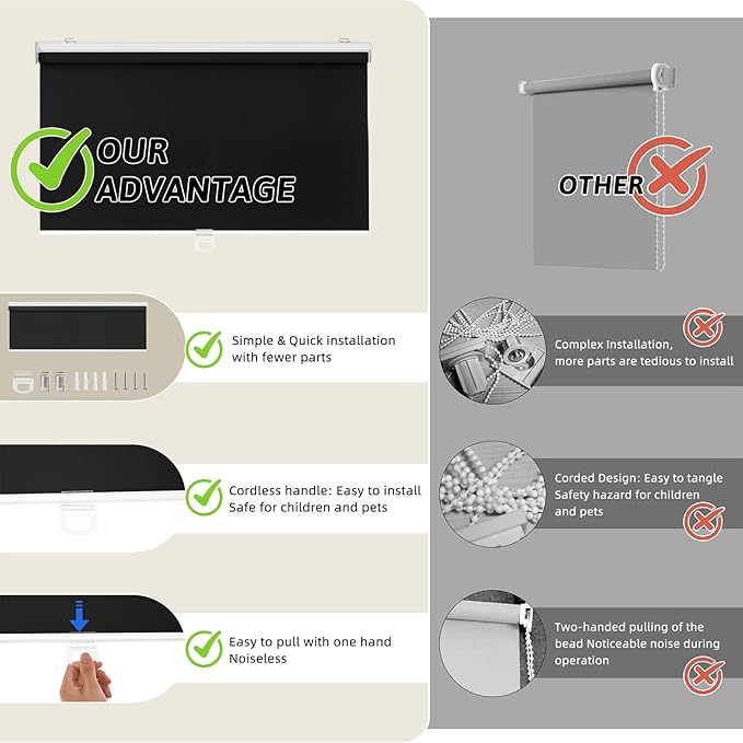 ChrisDowa Cordless Blackout Roller Shades for Windows, Thermal Insulated UV Protection Pull Down Shades, Total Blackout Window Blinds for Home, Office, Bedroom, Door (71" W x 72" H, Black)